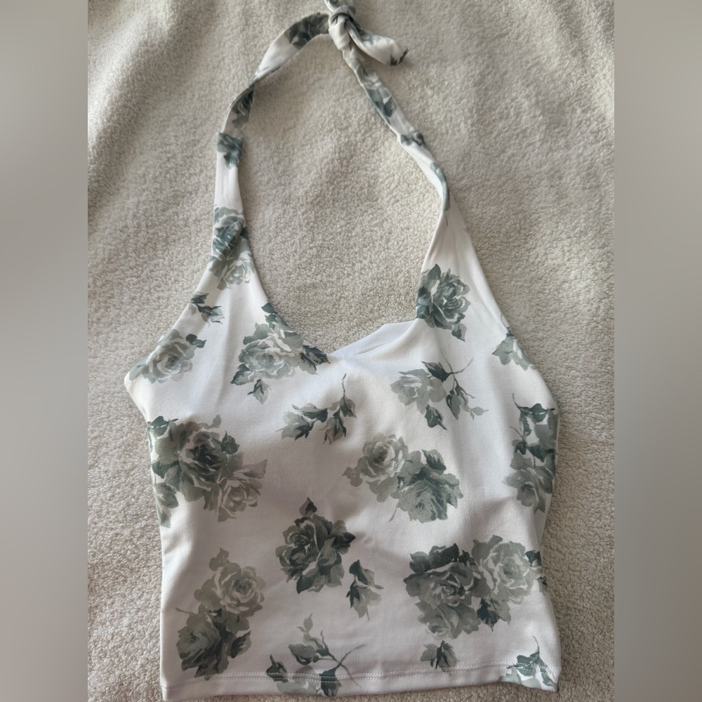 Hollister White and Green Floral Halter Top